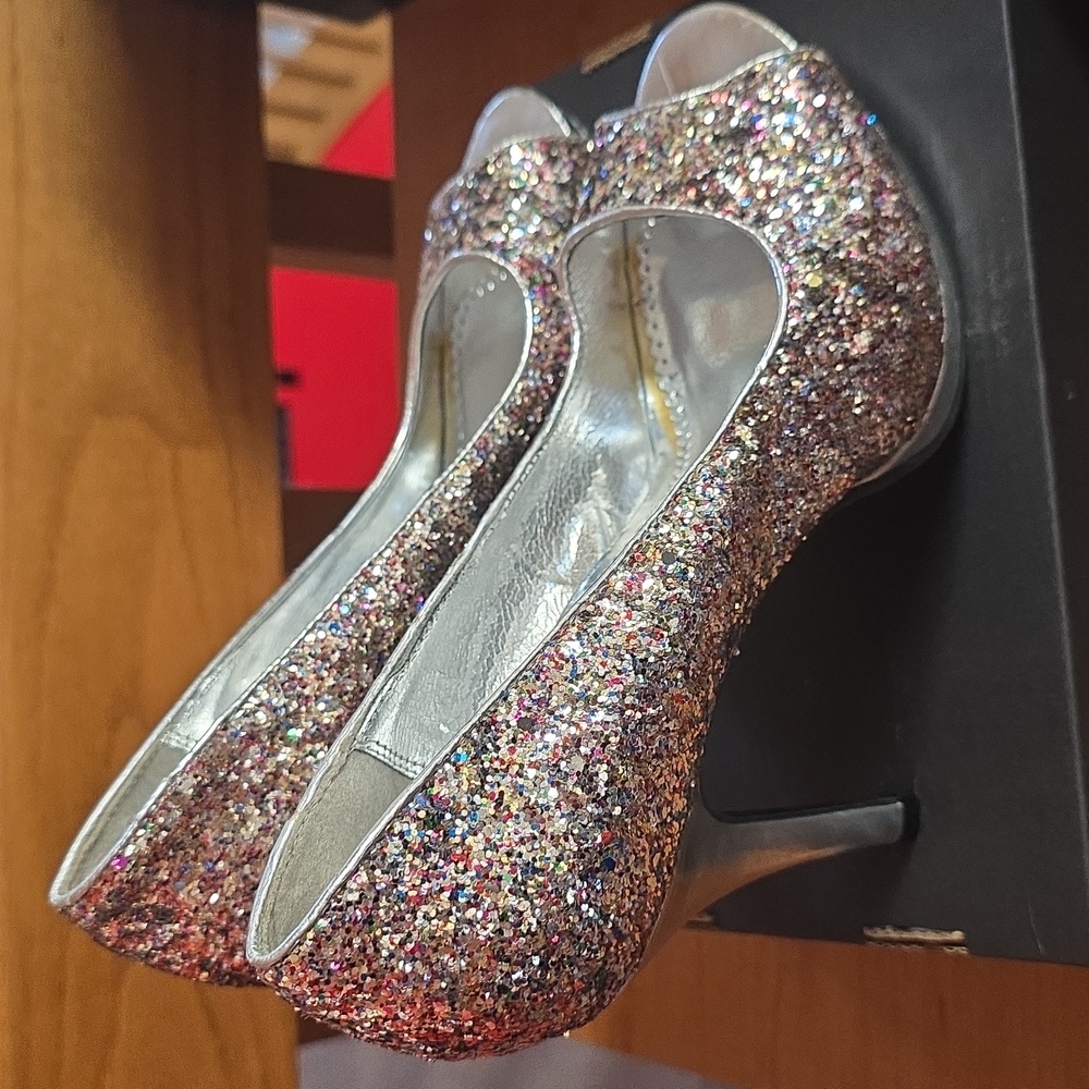 Sparkle Silver Multicolor Rainbow Glitter peeptoe platform heel pumps 80’s 7